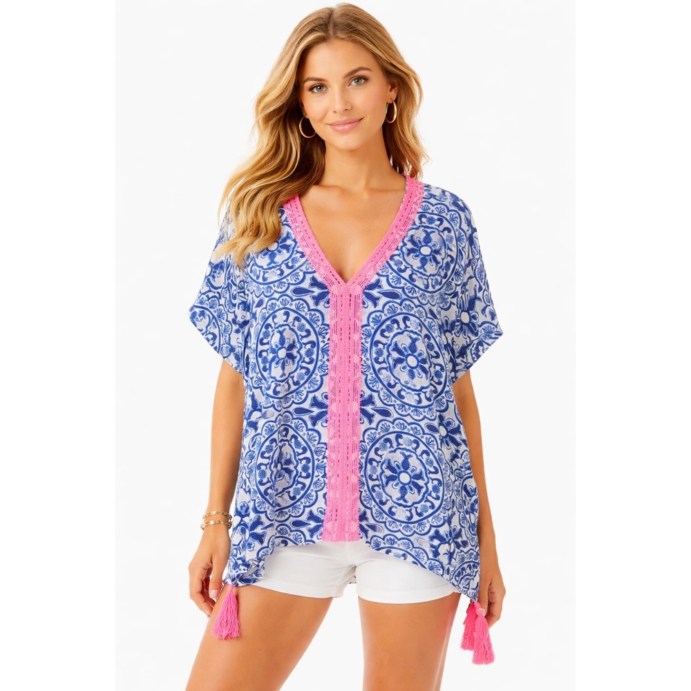 Lilly Pulitzer Sydney Caftan Top Blue Tassel V-Neck Tunic XXS/XS Boho Resort